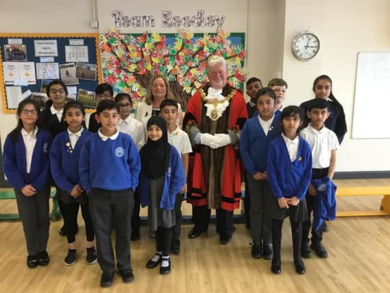 The Reedley Primary School students with the Mayor and Mayoress of Pendle, Councillor James Starkie and Janet Starkie.
