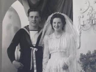 Herbert and Olive Hall (both 20) on their wedding day on May 14th, 1949, at St Philip's Church in Nelson. (s)