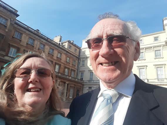 Maureen Frankland and her partner Andrew Johnson at Buckingham Palace in recognition of the Friends of Towneley Park receiving the Queen's Volunteer Award.