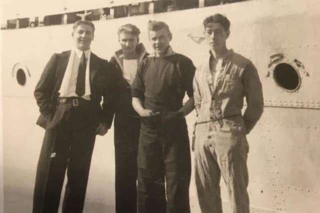 Ralph Woolnough (far right) with Royal Navy crewmates at Kavala.