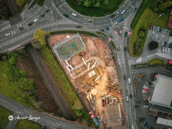 An overhead view of the new petrol station, Starbucks and Spar development in Burnley which moves into its next phase on Monday when major roadworks begin.