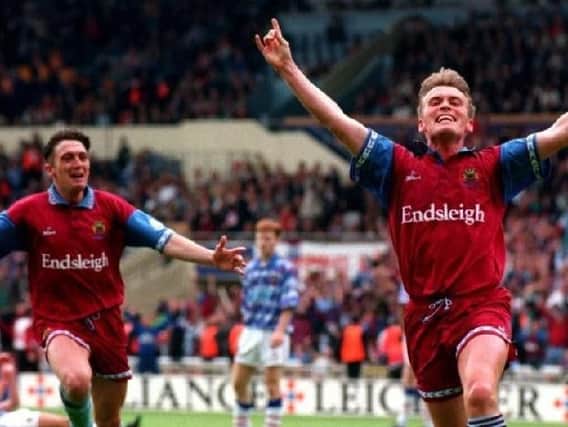 Gary Parkinson celebrates his Wembley winner against Stockport County in the 1994 play-off final.