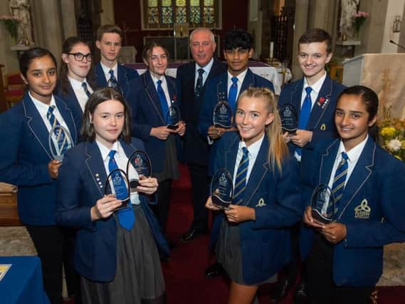 Some of the main award winners at Blessed Trinity RC College with Mr John Harker.