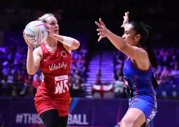 LIVERPOOL, ENGLAND - JULY 14: Natalie Haythornthwaite of England in action during preliminaries stage one match between England and Samoa at M&S Bank Arena on July 14, 2019 in Liverpool, England. (Photo by Nathan Stirk/Getty Images)
