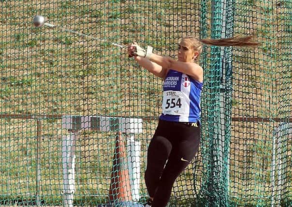 Charlotte Williams (Blackburn Harriers) wins the womens under-17s hammer, 2018 Northern Under-17s/U-15s/U-13s Champs., Wavertree Athletics Centre, Liverpool. Photo: David T. Hewitson/Sports for All Pics