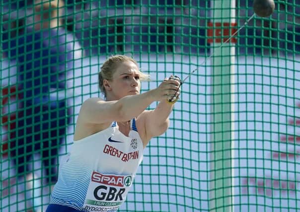 BYDGOSZCZ, POLAND - AUGUST 11: Sophie Hitchon from Great Britain & Northern Ireland competes in women's hammer throw final while European Athletics Team Championships Super League Bydgoszcz 2019 - Day Three at Zawisza Stadium on August 11, 2019 in Bydgoszcz, Poland. (Photo by Adam Nurkiewicz/Getty Images)