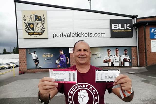 Dave with tickets for Burnley FC's concurrent pre-season fixtures against Port Vale and Crewe Alexandra - he managed to watch one half of each game.