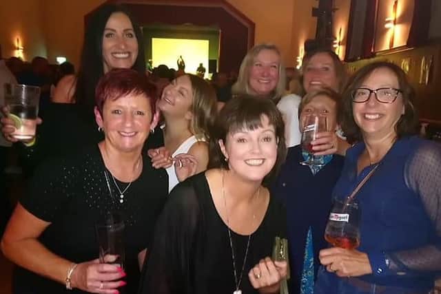 Lynne Uttley (front) and other friends enjoy the celebrations at Padiham Beer Festival.