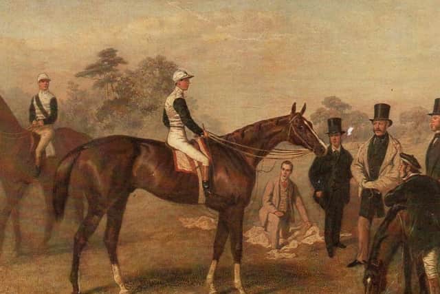 Kettledrum ridden by its jockey, Ralph Bullock. Col. Towneley is on the right, wearing the light-coloured coat.