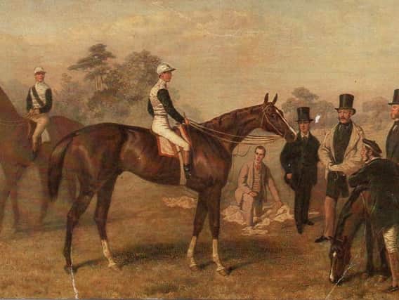 Kettledrum ridden by its jockey, Ralph Bullock. Col. Towneley is on the right, wearing the light-coloured coat.