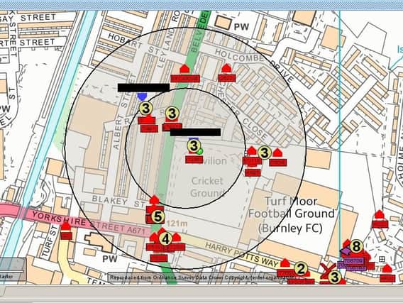 Police have published this map which shows the circled areas affected by the evacuation while bomb squad detectives investigate a 'suspicious' package at Burnley Cricket Club.