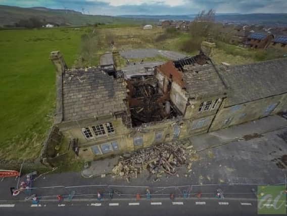 Drone footage of the former Bull and Butcher pub after it had been destroyed by fire in 2016