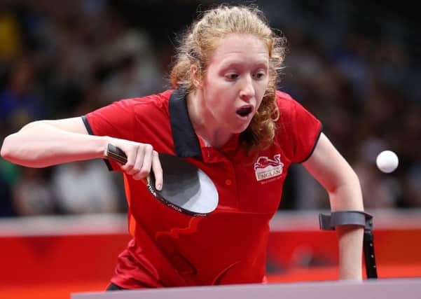GOLD COAST, AUSTRALIA - APRIL 12: Felicity Pickard of England competes in the Women's TT6-10 Singles Group 1 games against Maitreyee Sarkar of India during Table Tennis on day eight of the Gold Coast 2018 Commonwealth Games at Oxenford Studios on April 12, 2018 on the Gold Coast, Australia. (Photo by Jono Searle/Getty Images)