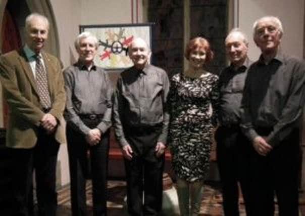 From the left, Barry Brown, concert organiser, with Mel Hatchman [bass guitar,] Wilf Nuttall  [vibes,] Lyn Fairbanks [vocals,] Derek Smith (drums), and Ed Lomax (keyboard).