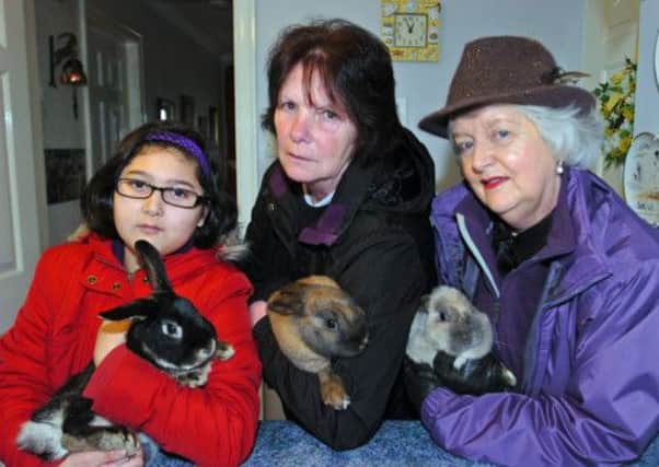 Jasmine Thwaites (10), Margaret Harrop and Moira Thwaites appeal for a new home for three rabbits found abandoned on the moors in Nelson.