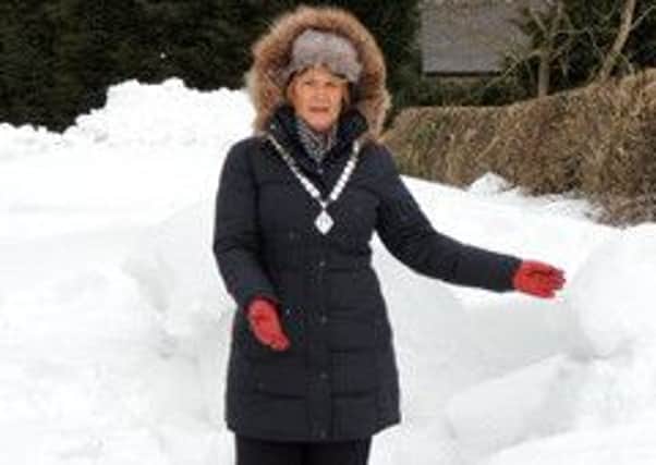 Burnley Soroptimist Club president Anne Munro in the snow drift near her home. (s)