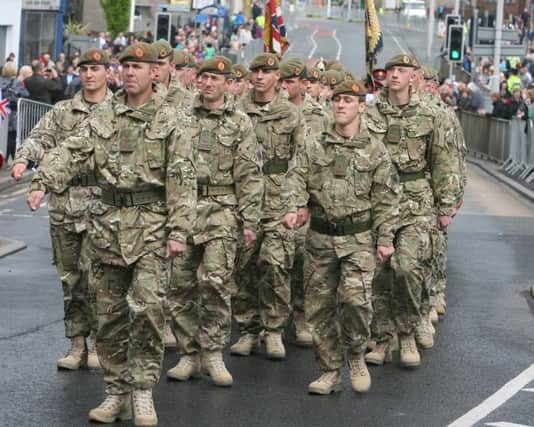 The Duke of Lancaster's regiment march through Burnley town centre.