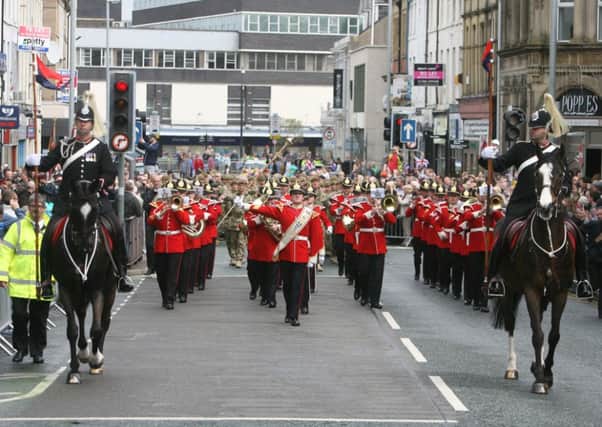 Duke of Lancaster's regiment on their homecoming parade through Burnley town centre.