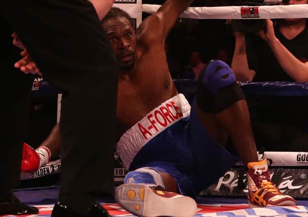 TIMES UP: Audley Harrison on the canvas during his heavyweight bout against Deontay Wilder in April