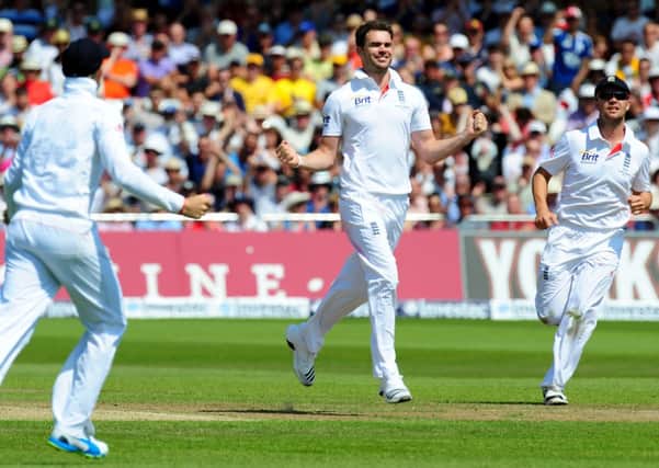 England's James Anderson celebrates the wicket of Australia's Mitchell Starc, caught by Matt Prior during day two of the First Investec Ashes Test match at Trent Bridge, Nottingham.