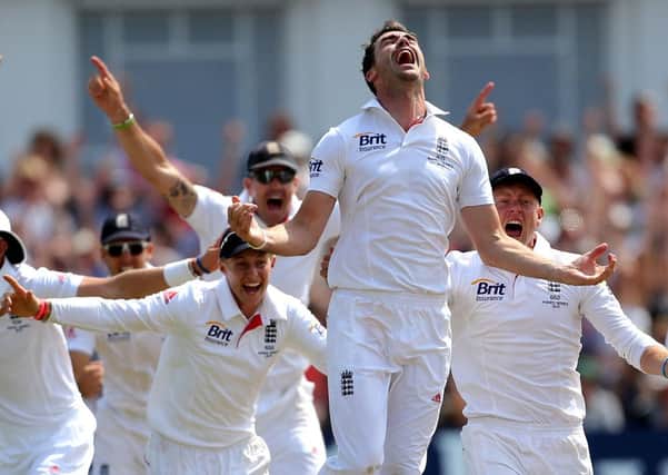 ALL OVER: Jimmy Anderson celebrates the dismissal of Australias Brad Haddin on Sunday