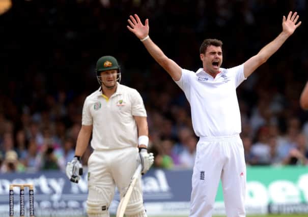 BURNLEY EXPRESS: James Anderson celebrates the wicket of Australias Shane Watson on day four of the Second Investec Ashes Test at Lords