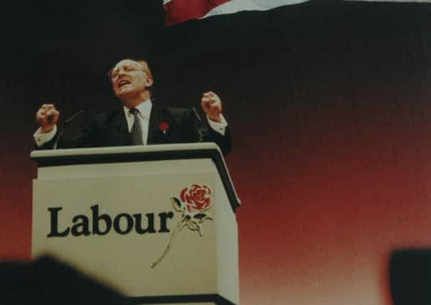 Neil Kinnock speaking at a Labour rally in 1992