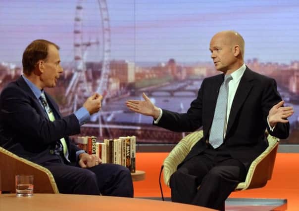 Andrew Marr (left) interviewing Foreign Secretary William Hague during the recording of his BBC1 current affairs programme, The Andrew Marr Show.