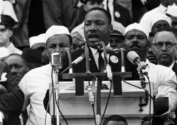 Martin Luther King Jr addresses marchers during his "I Have a Dream" speech at the Lincoln Memorial in Washington DC