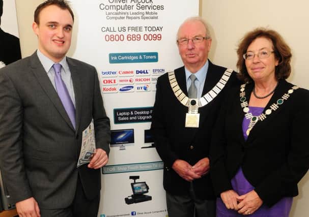 Mr Oliver Alcock with the Mayor and Mayoress of the Ribble Valley at his new business Oliver Alcock Computer Services.
Photo Ben Parsons
