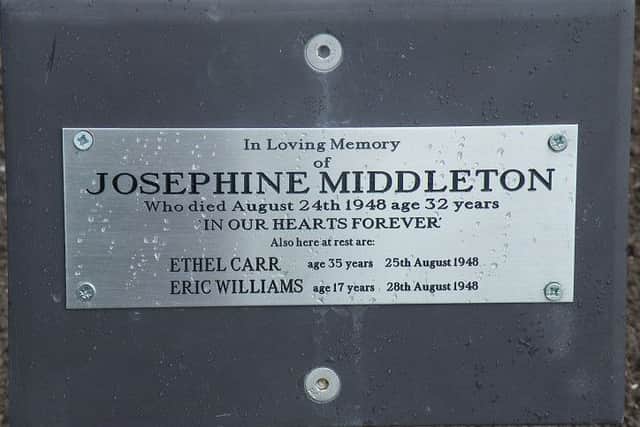 The plaque at the grave of Josephine Middleton and two other former Calderstones patients. (s)