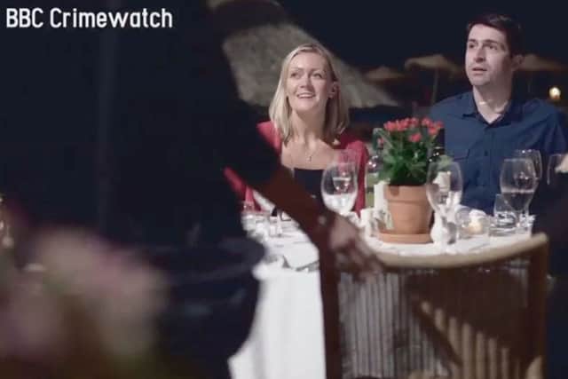 Screen grab showing "Crimewatch" reconstruction of actors playing Gerry and Kate McCann at dinner on the night of the disappearance of Madeleine. Photo: BBC/Metropolitan Police/PA Wire