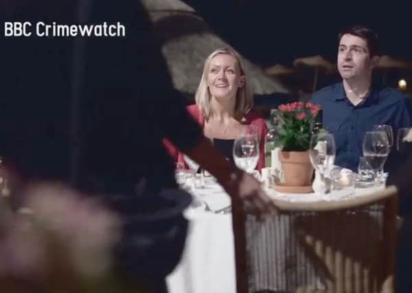Screen grab showing "Crimewatch" reconstruction of actors playing Gerry and Kate McCann at dinner on the night of the disappearance of Madeleine. Photo: BBC/Metropolitan Police/PA Wire