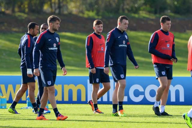 Adam Lallana, Jay Rodriguez, Phil Jones, Ross Barkley during the England training session  (Photo by Michael Regan - The FA/The FA via Getty Images)