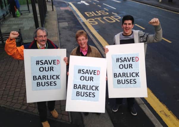 Prospective Barnoldswick councillors Mike Thompson and Lyle Davy with Coun. Jennifer Purcell celebrate the news that Barlick's late night bus service is not going to be cut