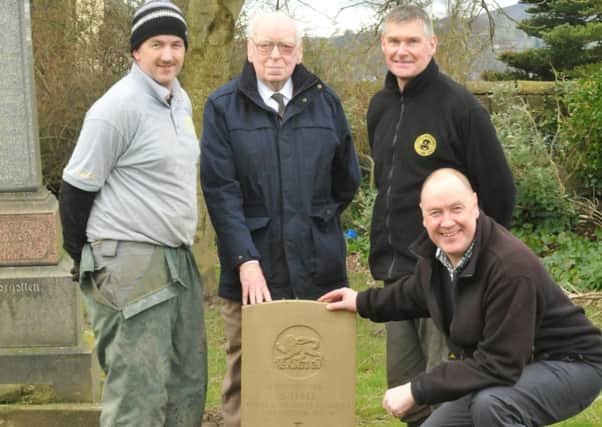 The headstone of Pte Stephen Hall has been placed in Brierfield Chapel graveyard. Chris Hawes (war graves), Paul Schofield, Fred Stringer (RBL) and Paul Williams are pictured.