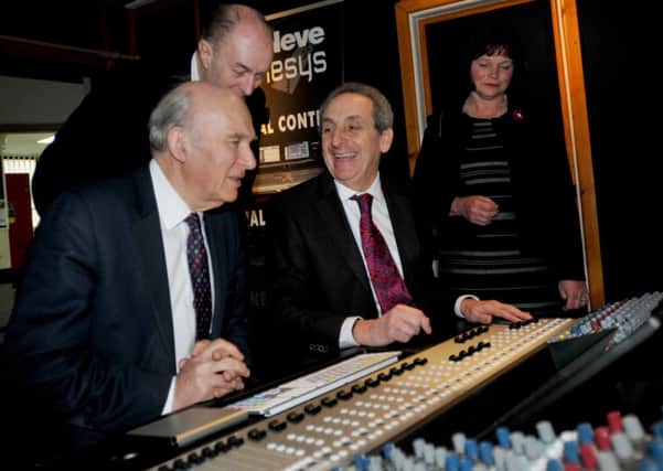 Business Secretary Vince Cable tours AMS Neve sound engineering company in Billington Road Industrial Estate. Coun. Julie Cooper and MP Gordon Birtwistle join them in the studio with CEO Mark Crabtree.