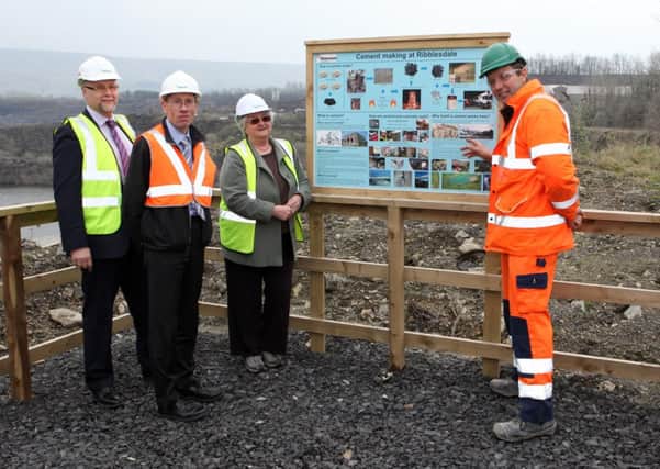 Opening of the new viewing platform  with Lanehead quarry manager Sam Wrathall, (right) and, from the left: James Russell of Ribble Valley Borough Council; Jonathan Haine of Lancashire County Council and Jennifer Rhodes.