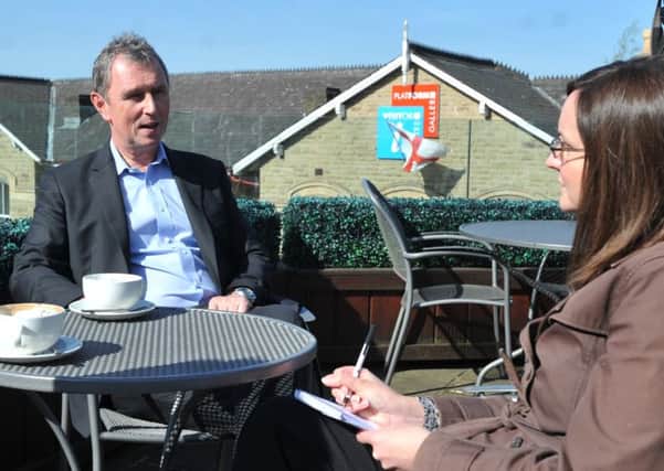 Ribble Valley MP Nigel Evans gives an interview after he was cleared of rape and sexual assault, pictured with reporter Julie Magee, right.