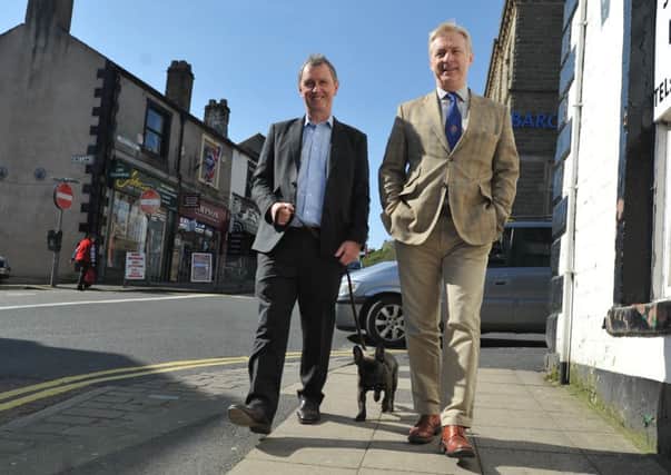 Ribble Valley MP Nigel Evans walking his French Bulldog Claude, with Mayor of Clitheroe Coun. Kevin Horkin, right.