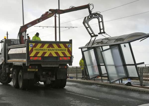 A bus shelter is removed on the promenade at Bispham.