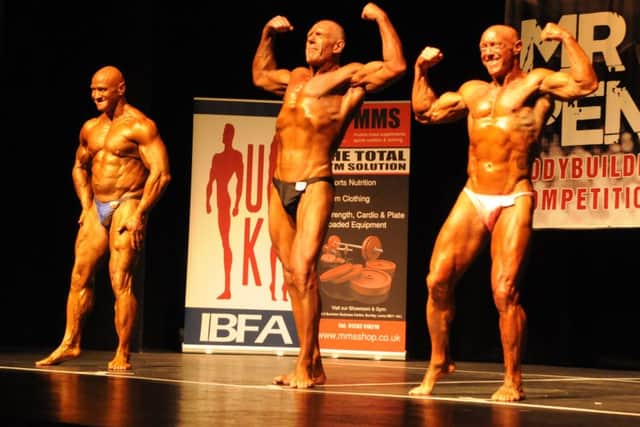 Competitors Steve Culshaw, Peter Hoy and Mark Waite at the Mr Pennine bodybuliding competition at Pendle Hippodrome.