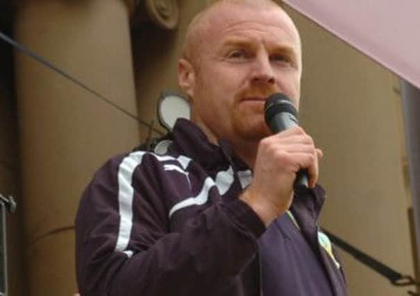 Superb effort: Clarets boss Sean Dyche adresses the crowds at the town hall on Sunday afternoon