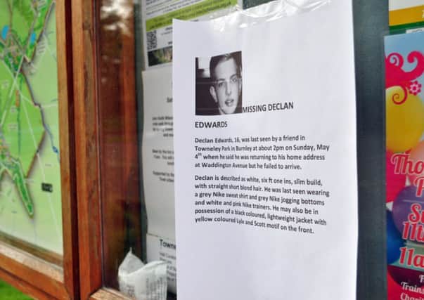 Missing Declan Edwards poster in Towneley Park, Burnley