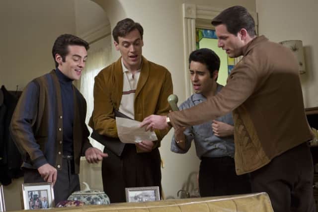 Undated Film Still Handout from Jersey Boys. Pictured: John Lloyd Young as Frankie Valli, Vincent Piazza as Tommy DeVito, Erich Bergen as Bob Gaudio and Michael Lomenda as Nick Massi. See PA Feature FILM Film Reviews. Picture credit should read: PA Photo/Warner Brothers. WARNING: This picture must only be used to accompany PA Feature FILM Film Reviews.