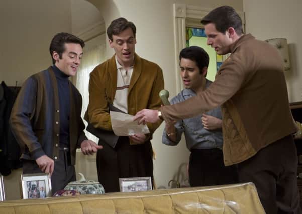 Undated Film Still Handout from Jersey Boys. Pictured: John Lloyd Young as Frankie Valli, Vincent Piazza as Tommy DeVito, Erich Bergen as Bob Gaudio and Michael Lomenda as Nick Massi. See PA Feature FILM Film Reviews. Picture credit should read: PA Photo/Warner Brothers. WARNING: This picture must only be used to accompany PA Feature FILM Film Reviews.