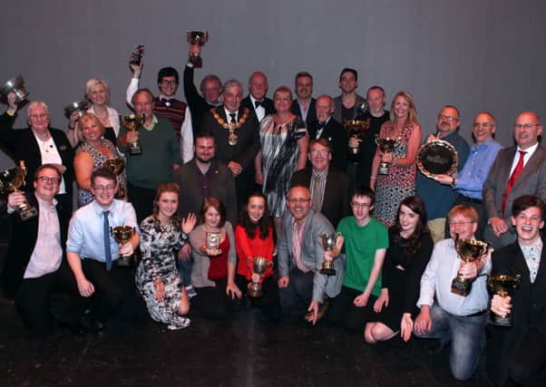 East Lancashire Newspapers Ltd in conjunction with Pendle Hippodrome Theatre 25th Annual Leader Times Stage Awards sponsored by Howard Rigg. 
Pictured are the winners with their awards on stage.