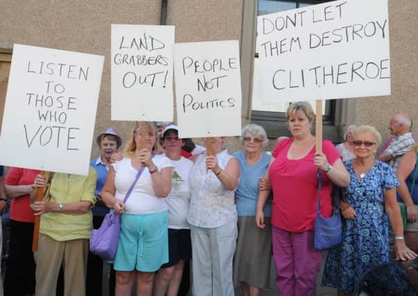 Members of the Clitheroe Residents Action Group gather outside the town hall to show their anger over the councils decision not to appeal the Planning Inspectorate's decsion.