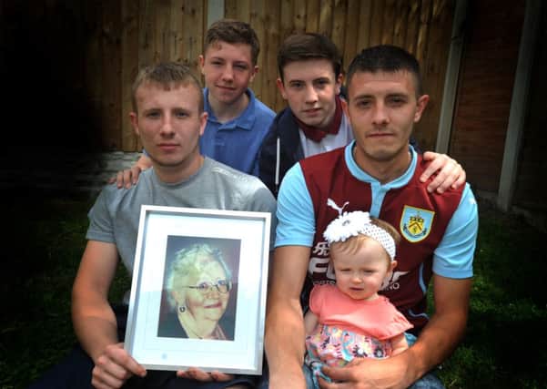 from left, Brett Lewis, William Munro, Scott Munro, Owen Lewis and Lily Robson - grandchildren of the late Sheila Rose Harvey, who died in 2012, as East Lancashire Hospital Trust have admitted failings in her care.