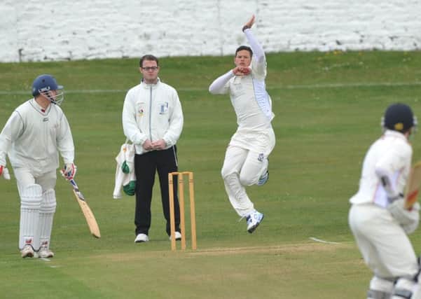 Read CC (fielding) take on Salesbury (batting), in the opening day of the 2014 Ribblesdale Cricket Leagues Season.Read's bowler, Brandon Scullard, in action.